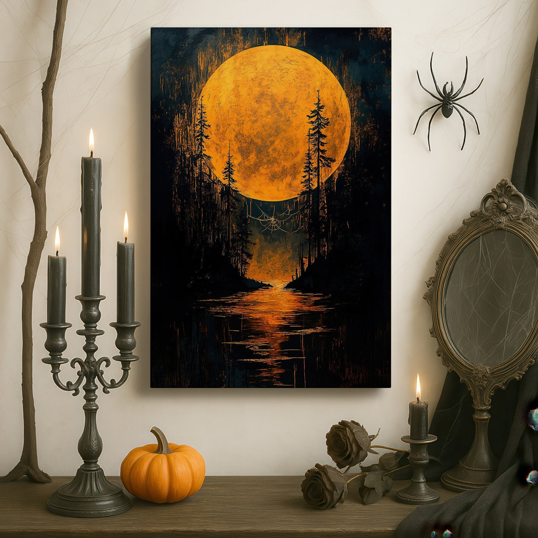 Framed Wall Art: Moon over forest landscape. Dark, moody artwork with gold and black color palette. Perfect for adding a touch of mystery to any room.