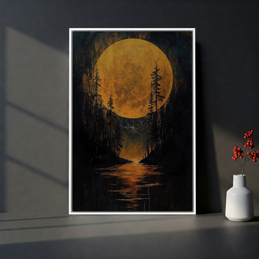 Framed Wall Art: Abstract landscape Canvas Print featuring a golden moon over a dark forest. Moody art with warm orange and black tones. Perfect for any room.