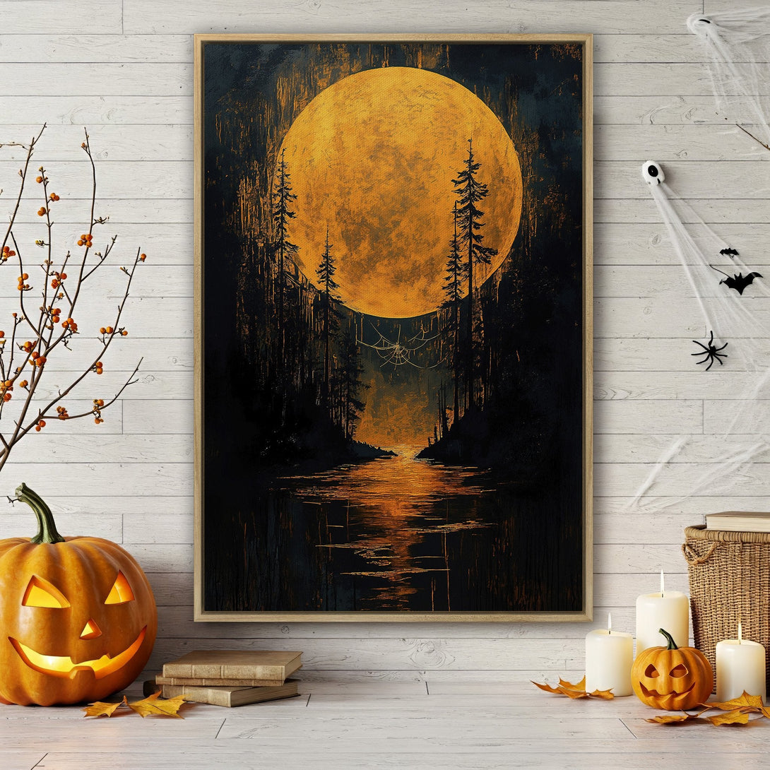Framed Wall Art: Spooky Halloween landscape with a large orange moon, dark forest, and water reflection. Perfect for fall decor with a warm, inviting palette.