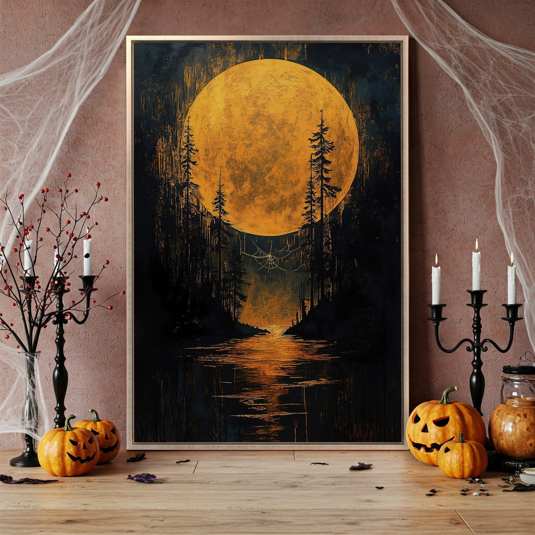 Framed Wall Art: Spooky Halloween scene with a large moon over a dark forest. Warm orange and black color palette, perfect for seasonal decor.