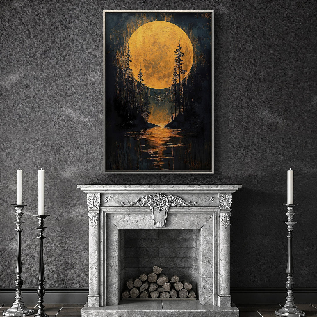 Framed Wall Art featuring a golden moon over a forest scene, perfect for adding a touch of moody elegance. Dark, warm color palette.