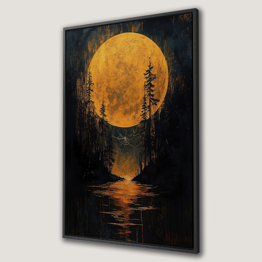 Framed Wall Art featuring a golden moon over a dark forest scene. Abstract style with a warm, earthy color palette. Perfect wall decor!