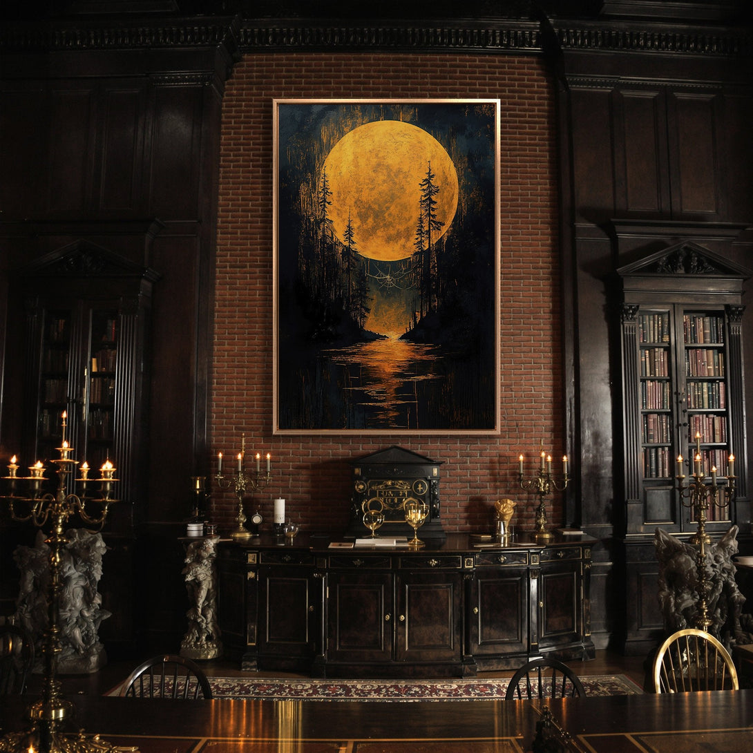 Framed Wall Art: Moody landscape Canvas Print with a golden moon, dark forest, and water reflection. Rich, warm color palette perfect for a sophisticated space.
