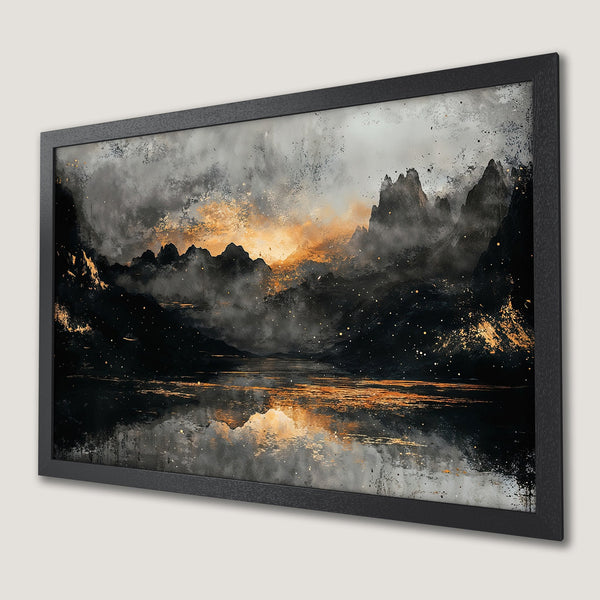 Framed Poster: Abstract mountain landscape art print in black, gold, and gray. Elevate your space with this stunning wall art.