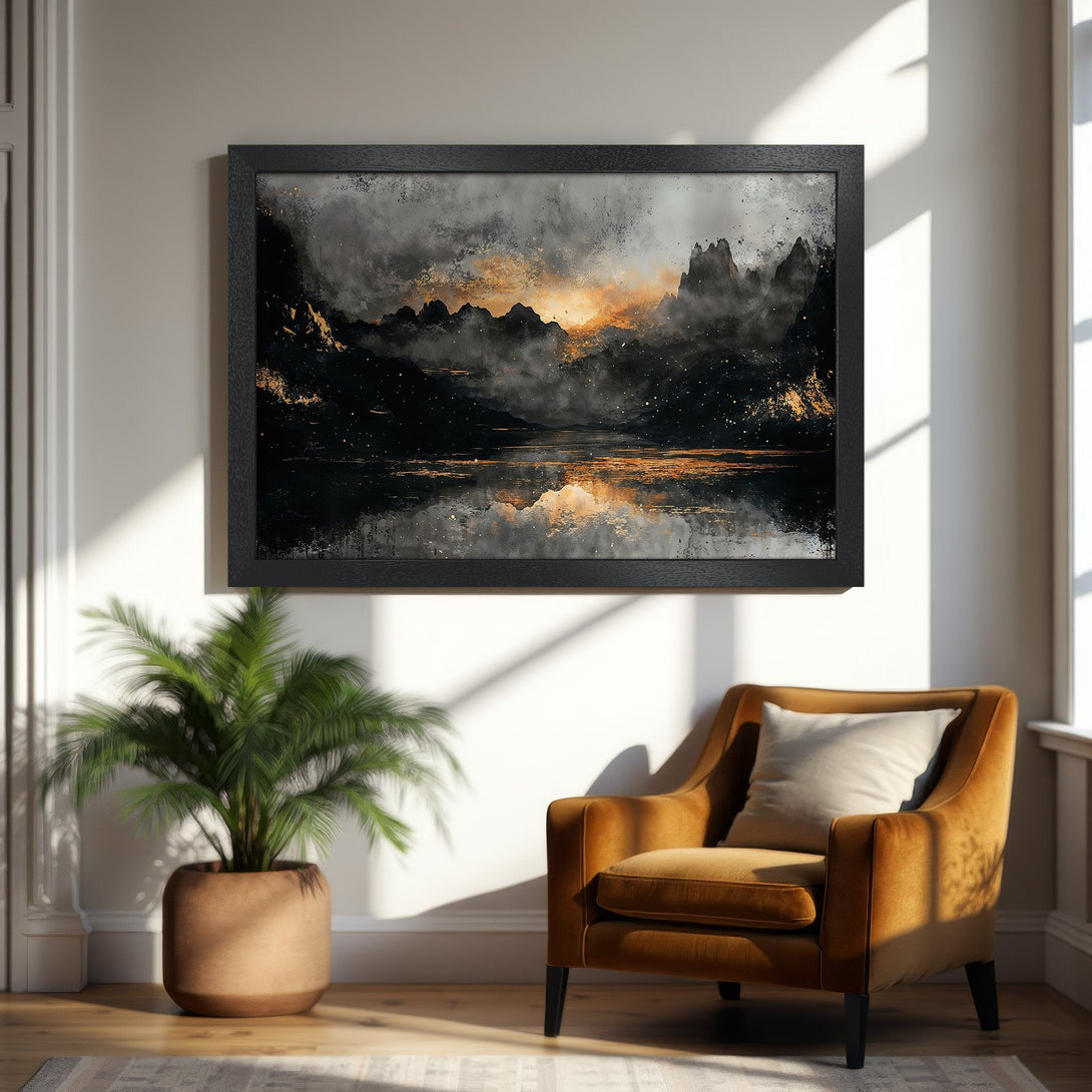 Framed Poster of a mountain landscape in a moody, abstract style with a black, gray, and gold color palette. Perfect wall art!