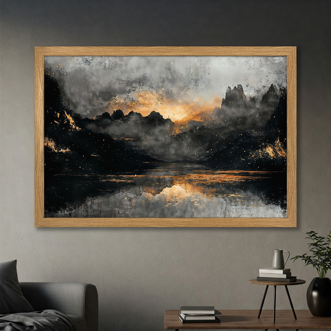 Framed Poster of a mountain landscape in a moody, abstract style with a black, gray, and gold color palette.