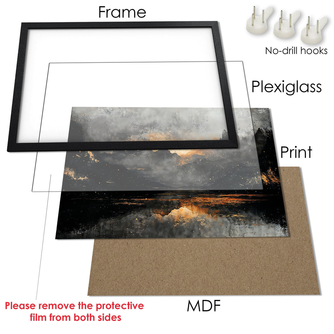 Framed Poster featuring a landscape scene in a moody, abstract style with a black, gray, and gold color palette. Ready to hang!