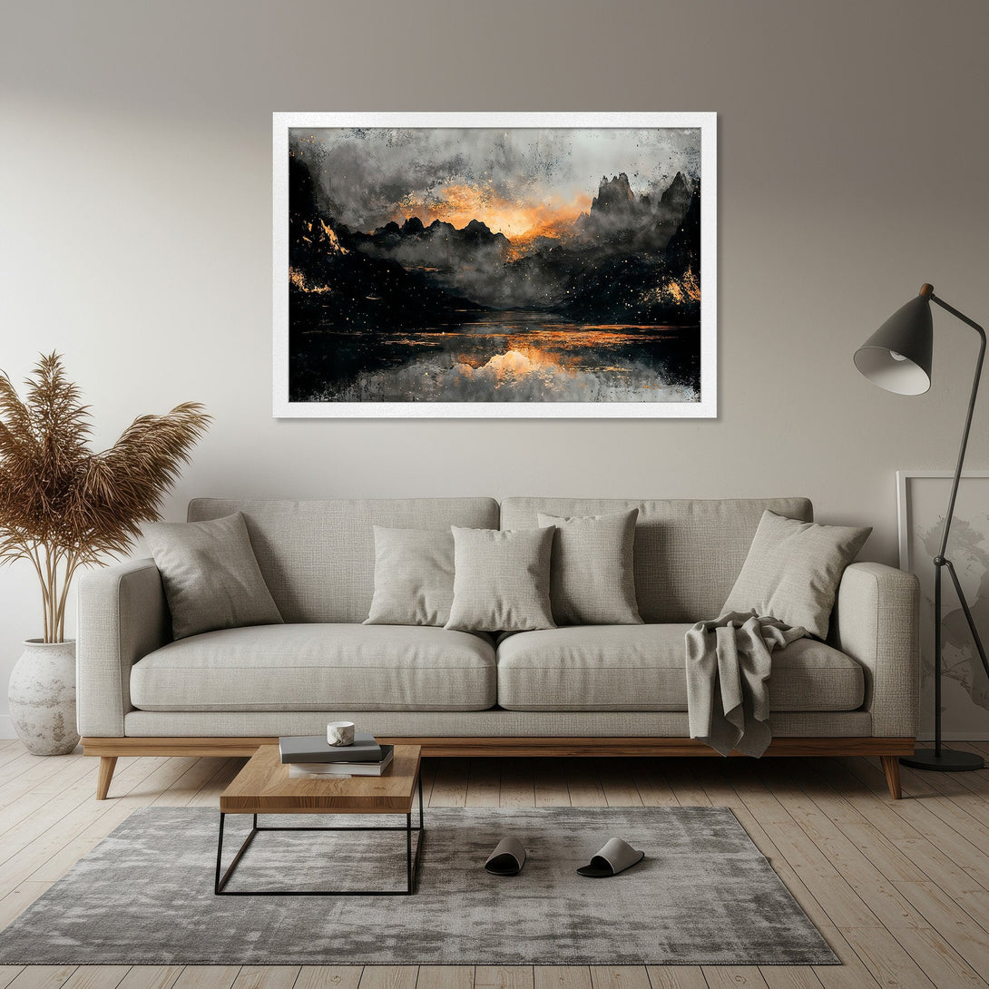 Framed Poster of a mountain landscape in an abstract style with a moody black, grey, and orange color palette. Elevate your space with this stunning art.