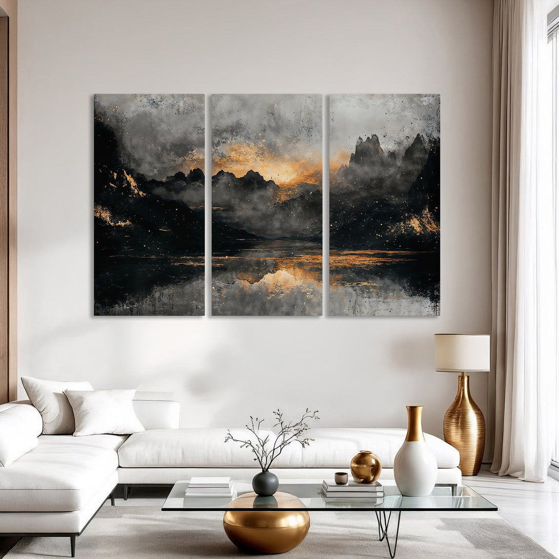 Canvas Print of a mountain landscape in a modern, abstract style with a black, gold, and gray color palette. Adds a touch of elegance.