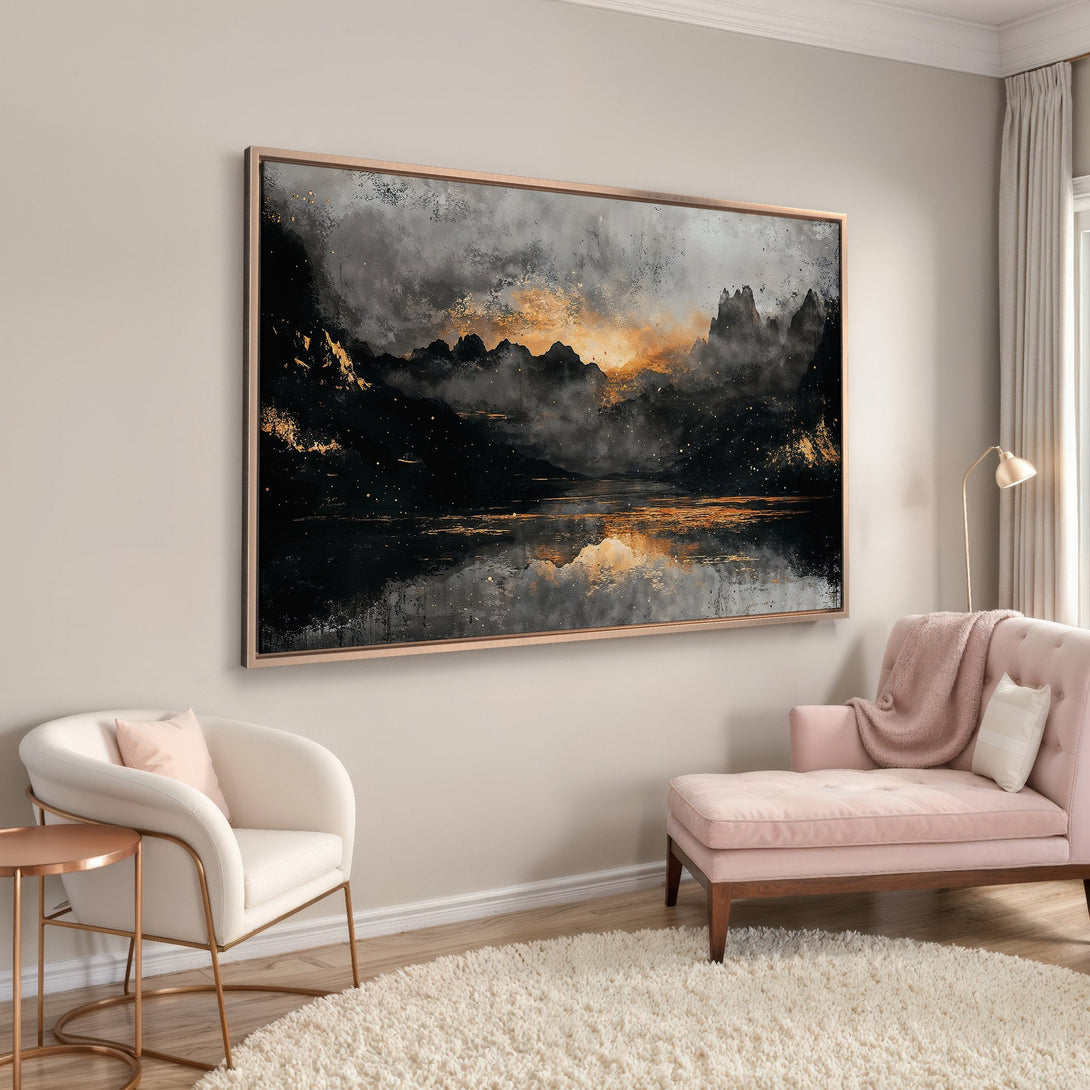 Framed Wall Art of a moody mountain landscape in black, gold, and gray. Modern abstract style Canvas Print adds a touch of elegance to any room.