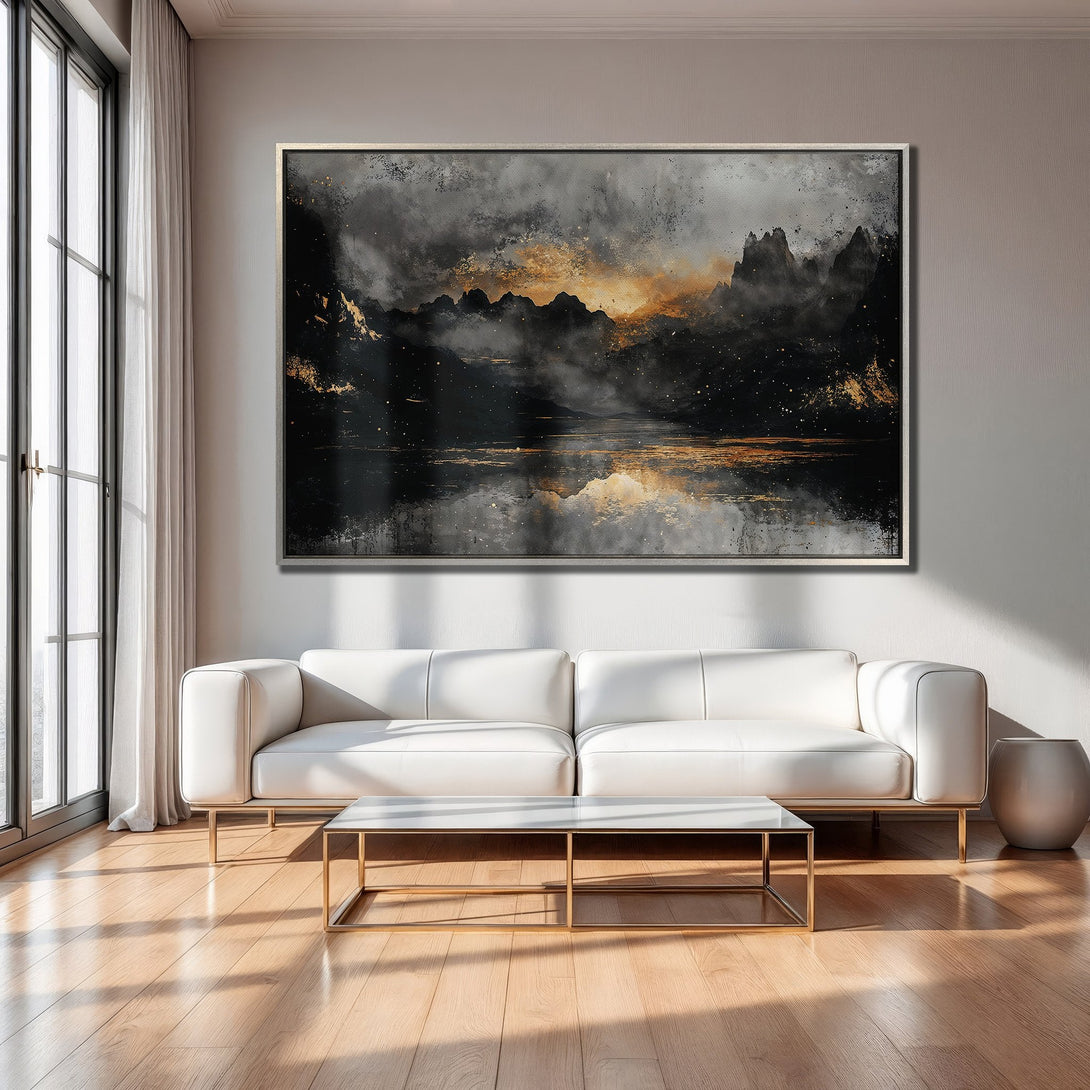 Framed Wall Art: Abstract mountain landscape in black, gold, and gray. Modern art canvas print adds elegance to living room decor.