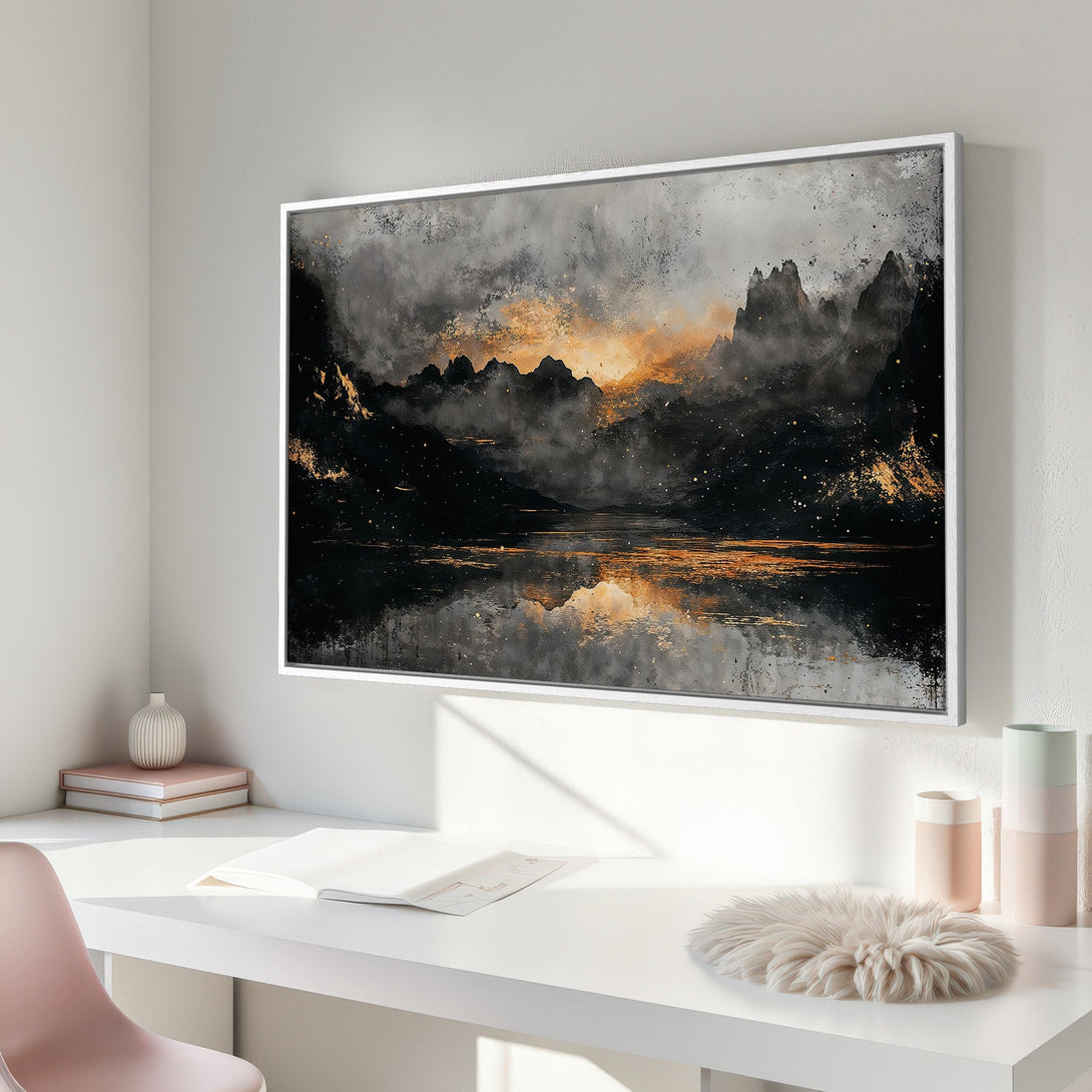 Framed Wall Art: Abstract landscape Canvas Print in black, gold, and gray. Modern art for home decor, perfect for a stylish interior.