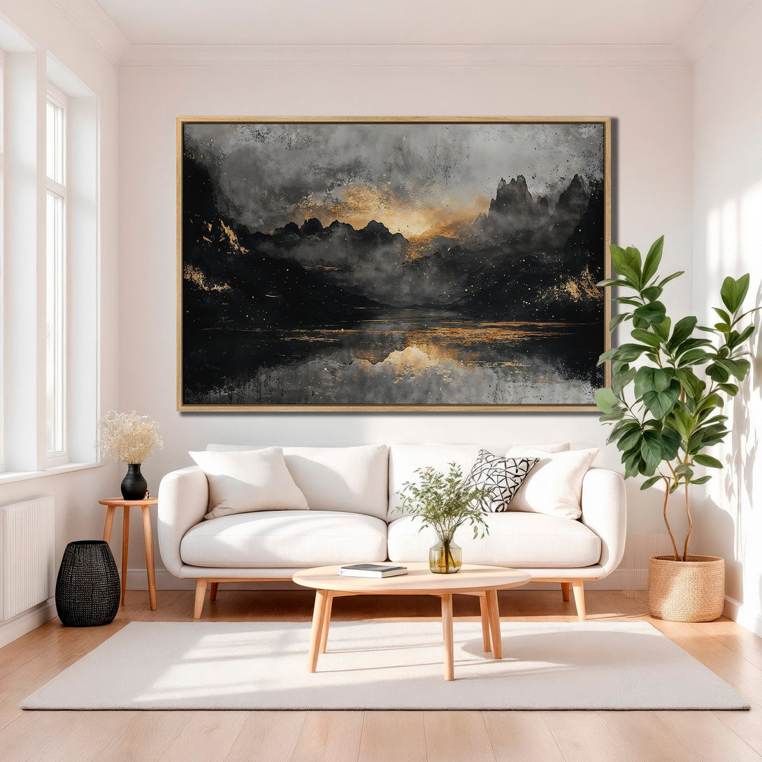 Framed Wall Art: Abstract landscape Canvas Print in black, gold, and gray. Modern art perfect for living room decor. Shop now for stunning wall art!