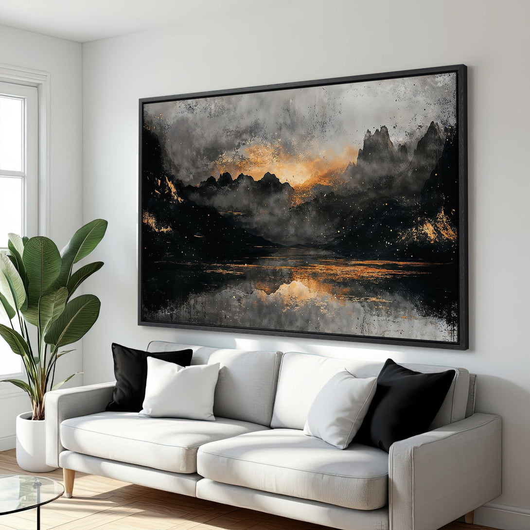 Framed Wall Art: Abstract landscape Canvas Print in moody black, gold, and gray tones. Modern art for living room or bedroom decor.
