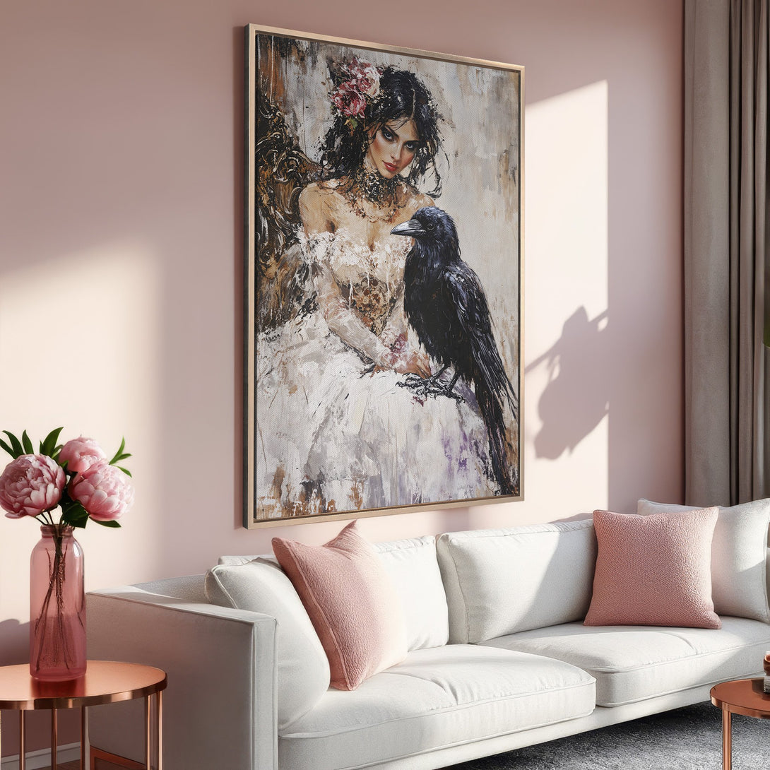 Framed Wall Art: Elegant woman with a raven, oil painting style. Soft pink and neutral color palette, perfect for living room decor.