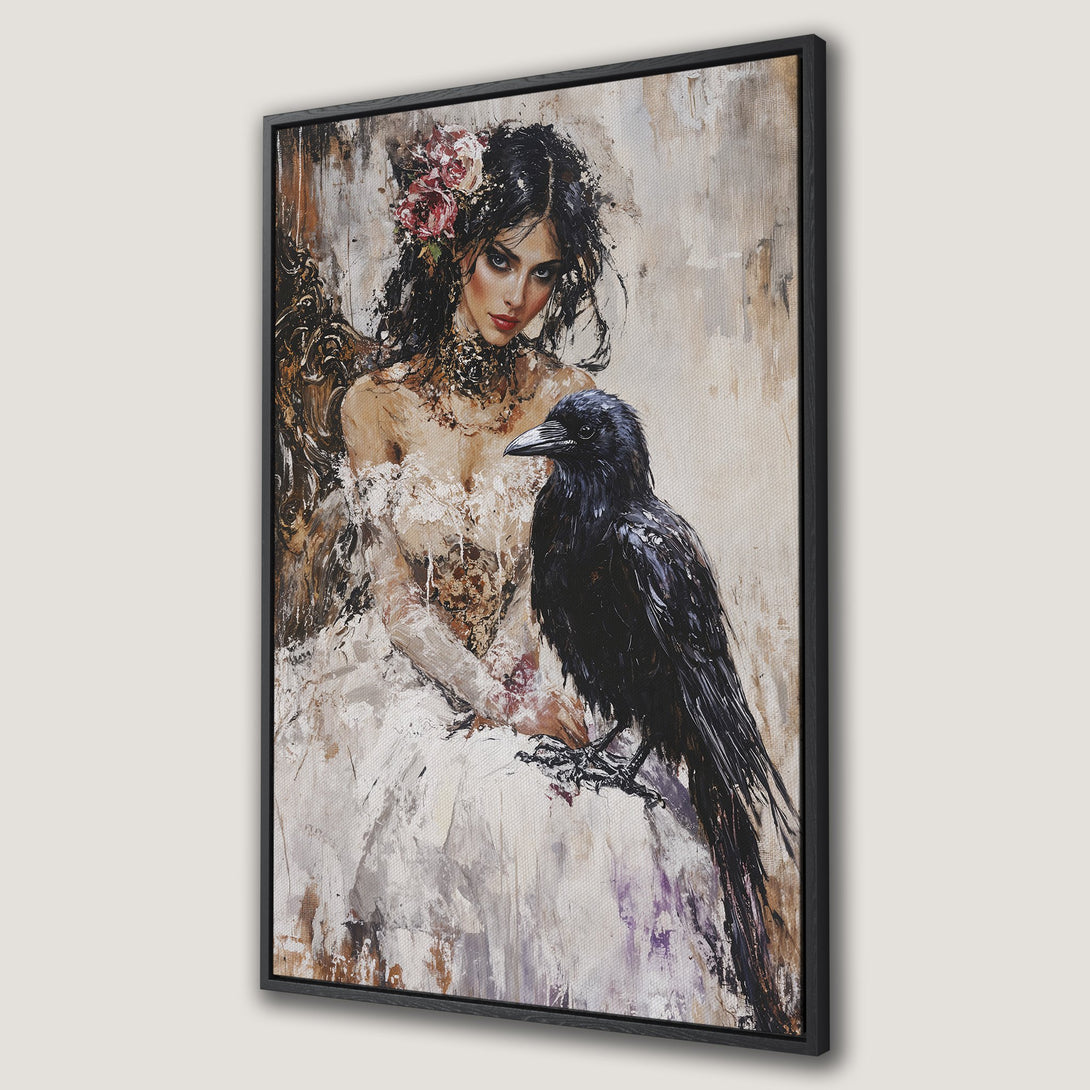 Framed Wall Art: Gothic woman with raven, oil painting style. Neutral & muted color palette with pops of red. Perfect for a dramatic interior.
