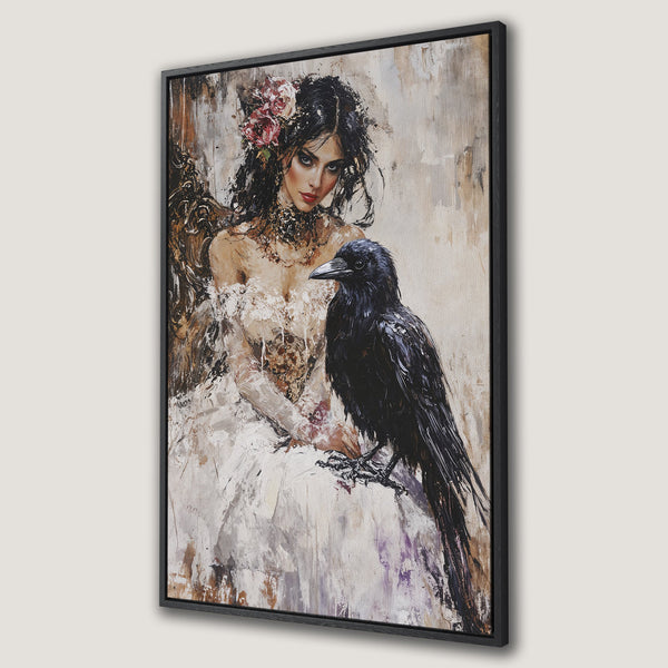 Framed Wall Art: Gothic woman with raven, oil painting style. Neutral & muted color palette with pops of red. Perfect for a dramatic interior.