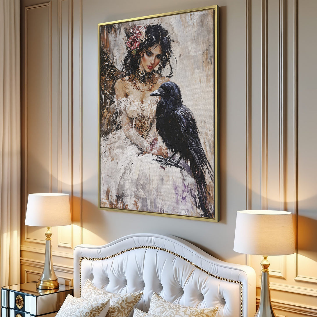 Canvas Print of a woman with a raven in a dramatic, painterly style. Features a neutral color palette, perfect for any interior.