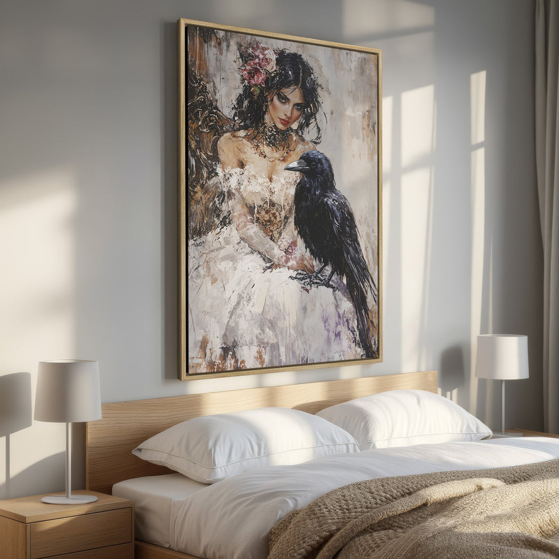 Framed Wall Art: Stunning oil painting of a woman with a raven, displayed in a bedroom. Features a neutral color palette with pops of red. Elevate your space!
