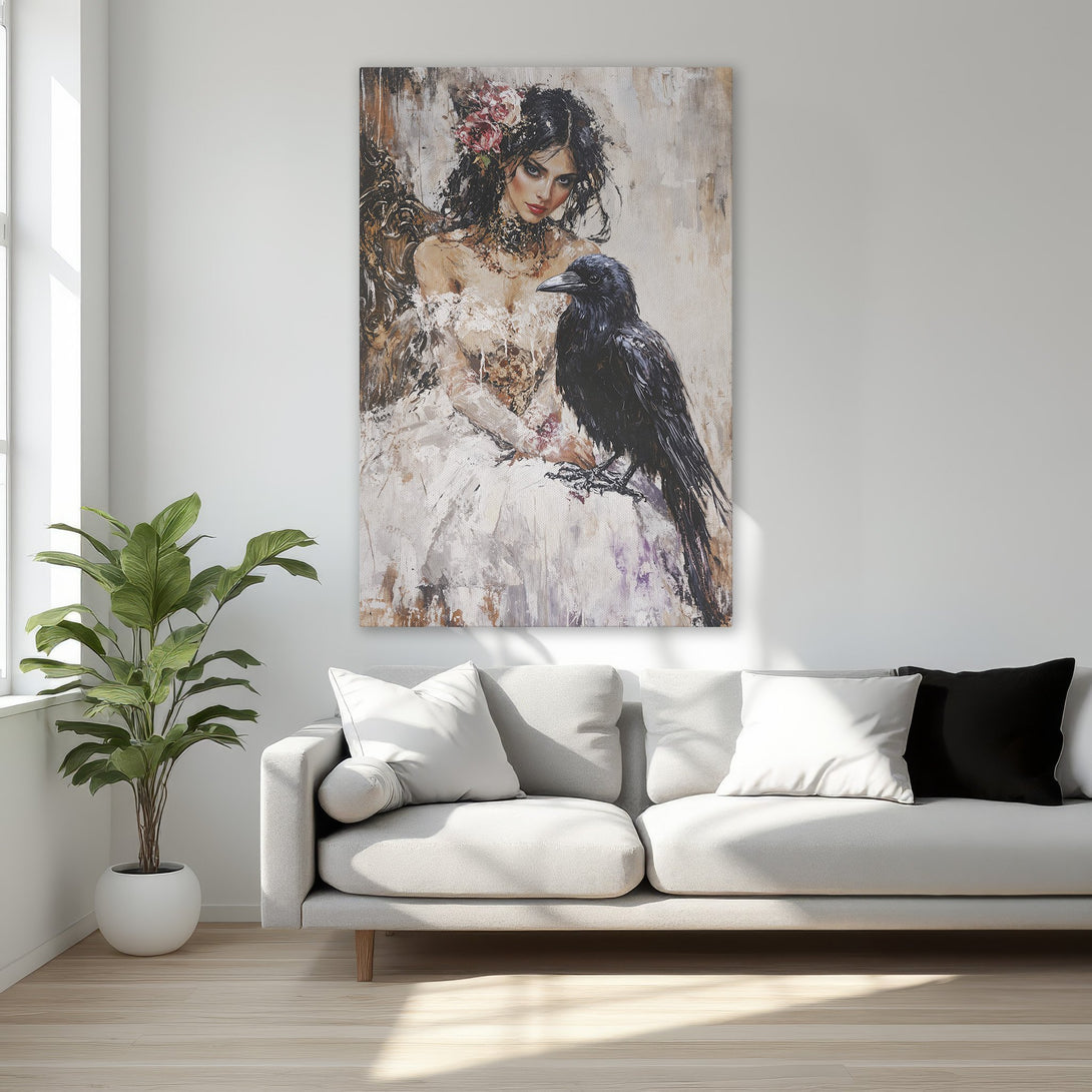 Framed Wall Art featuring a gothic woman with a raven, painted in a romantic style with a neutral and muted color palette. Perfect for bedroom decor!