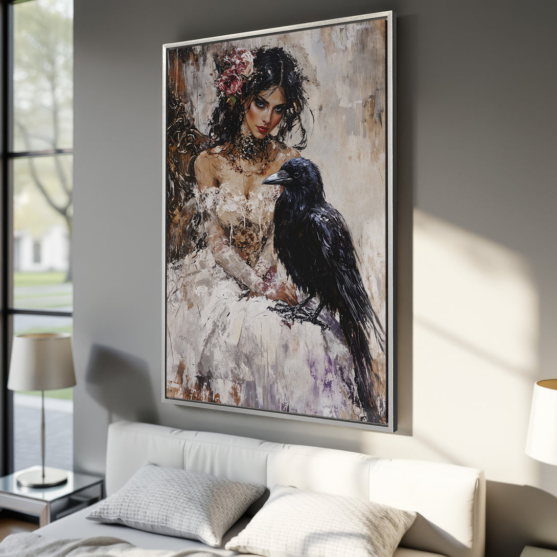 Framed Wall Art: Elegant portrait of a woman with a raven, painted in a textured, impressionistic style with a neutral, earthy color palette. Perfect wall decor!