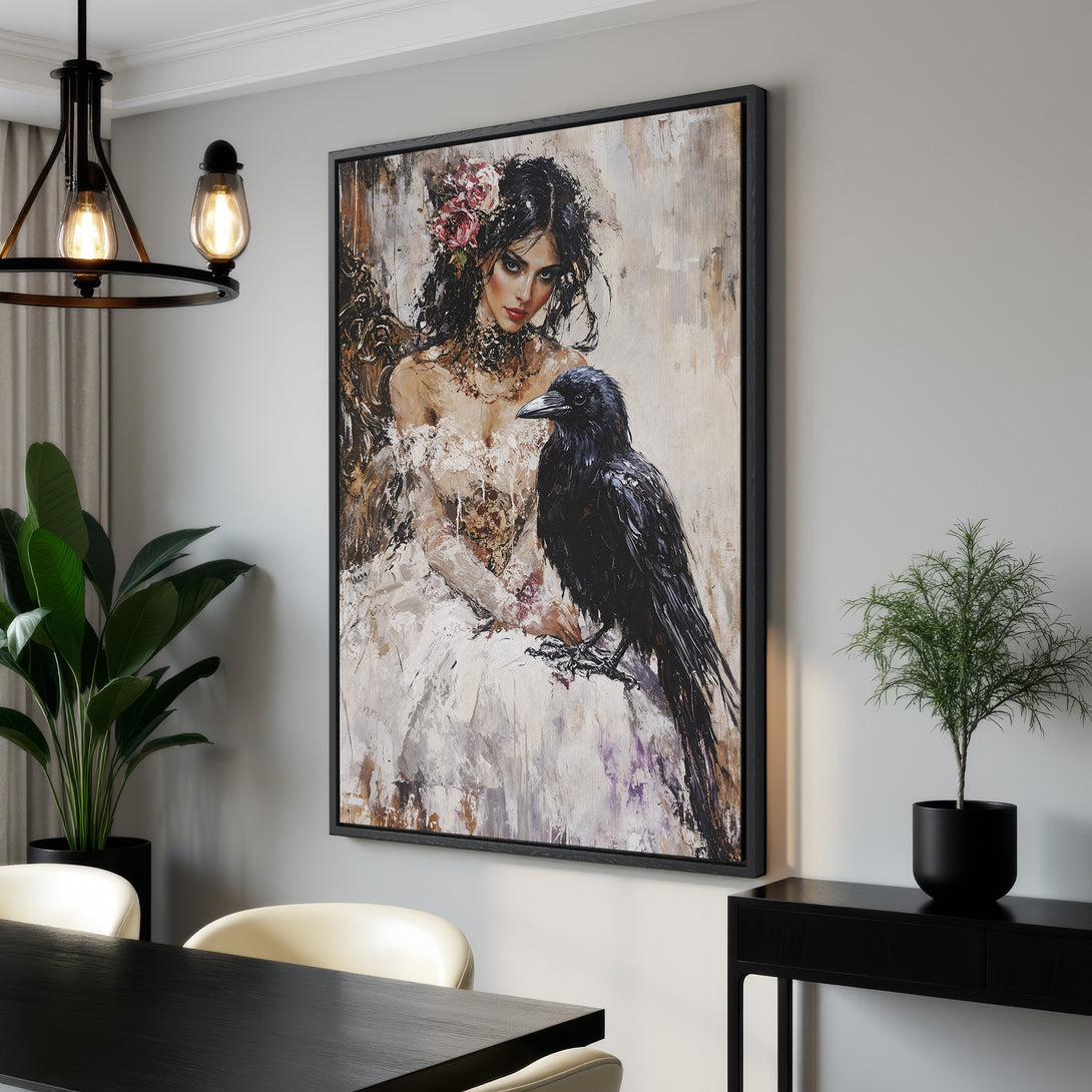 Framed Wall Art: Elegant woman with raven oil painting in neutral tones. Add a touch of gothic art to your home decor with this stunning canvas print.