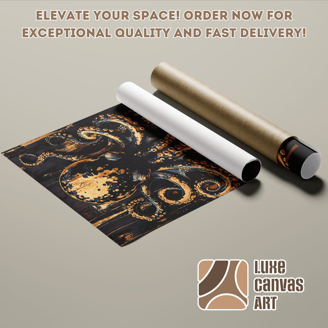 Octopus art poster roll in black and gold, modern style. Elevate your space with Luxe Canvas Art!