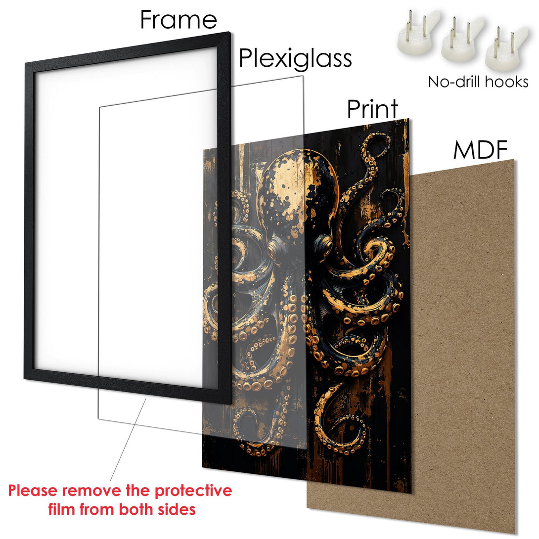 Framed Poster featuring an octopus in a dark, artistic style with gold accents. Perfect wall art for a modern decor.