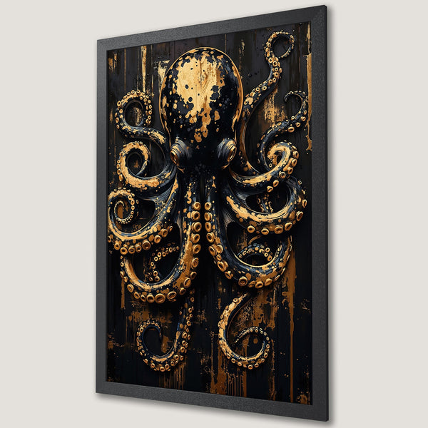 Framed Poster featuring a stylized octopus in black and gold. Modern art print with a luxurious color palette. Perfect wall decor!