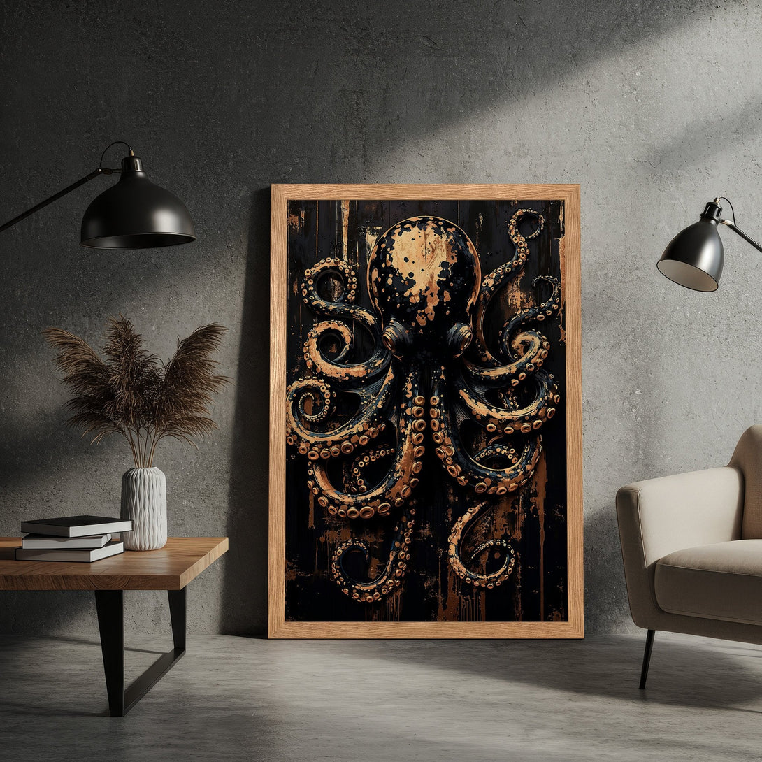 Framed Poster featuring a stylized octopus in black and gold tones, perfect for modern decor.