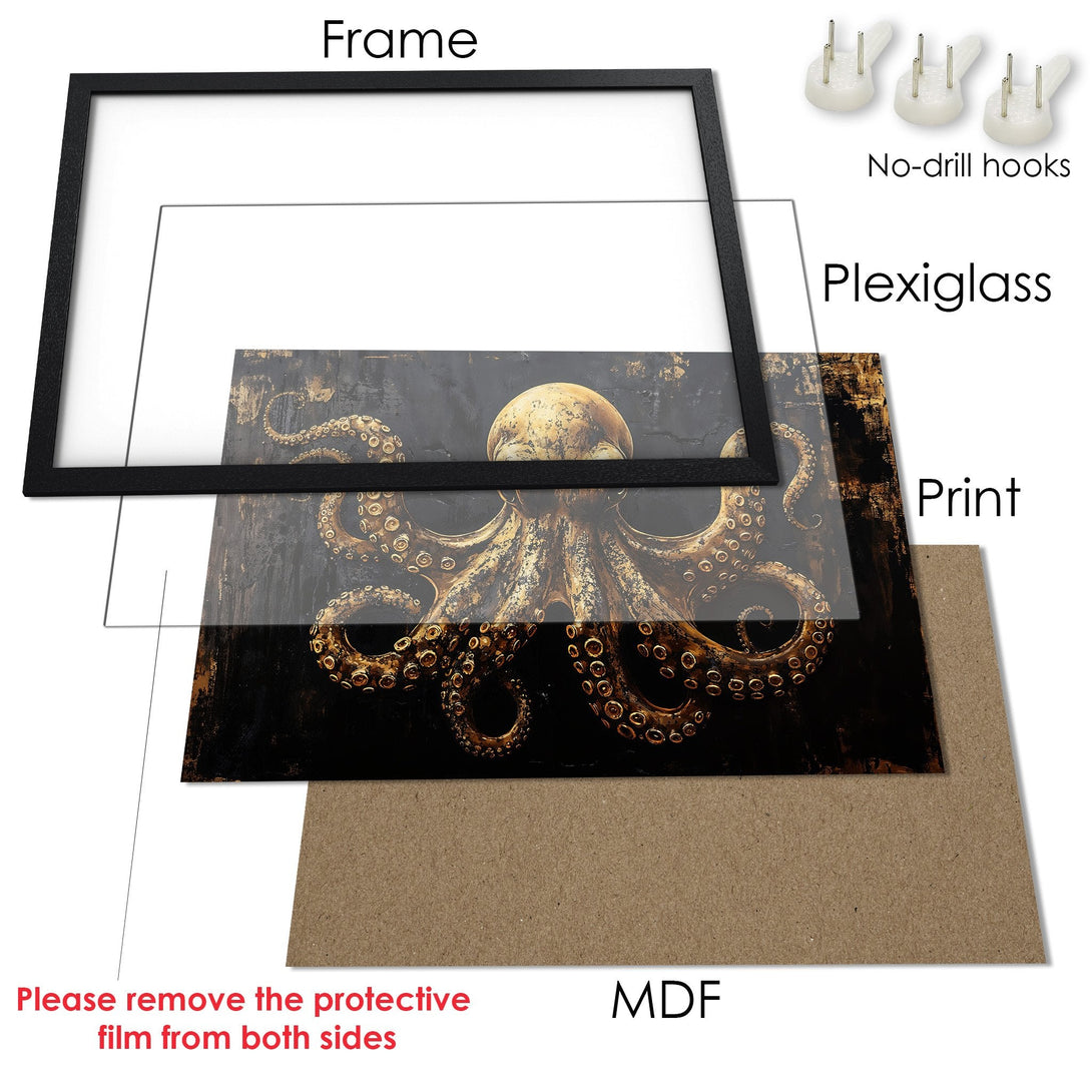 Framed Poster featuring an octopus in a dark, gold-toned style. Perfect wall art for any room!