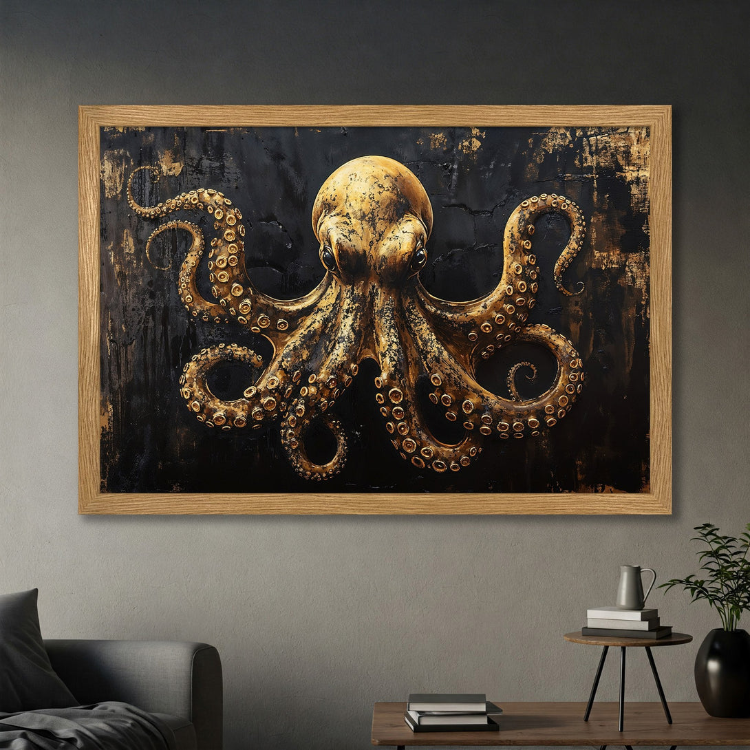 Framed Poster featuring a golden octopus on a black textured background, perfect for modern decor.