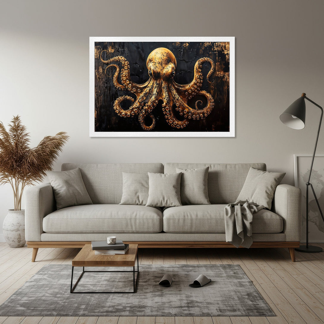 Framed Poster featuring an octopus in gold and black, perfect for modern decor. Enhance your space with this stunning art print.