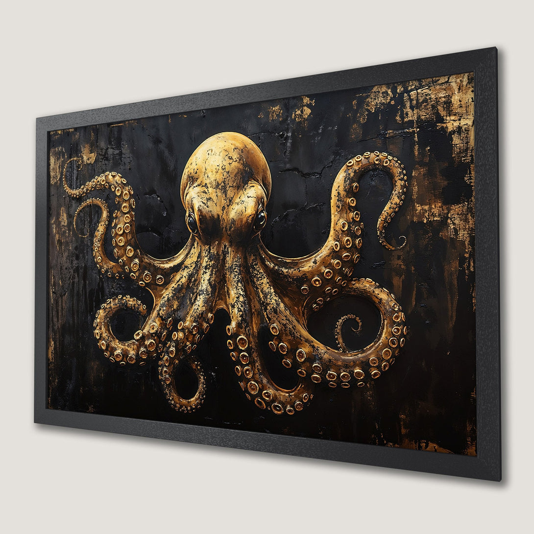 Framed Poster featuring a golden octopus on a textured black background. Artistic style with a rich gold and black color palette.