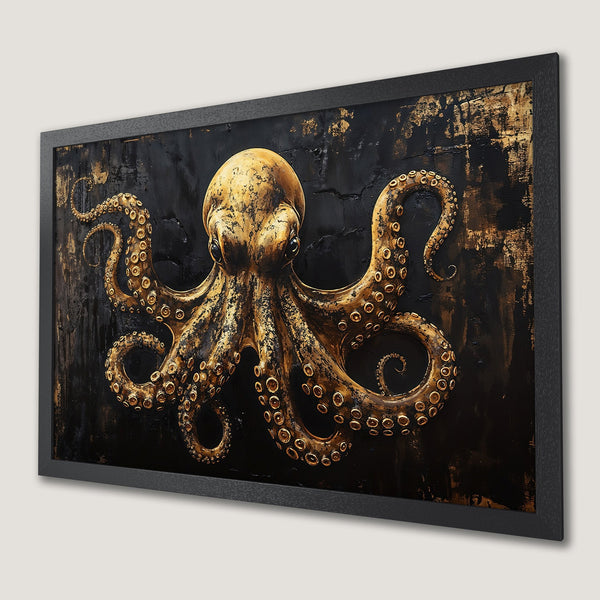 Framed Poster featuring a golden octopus on a textured black background. Artistic style with a rich gold and black color palette.
