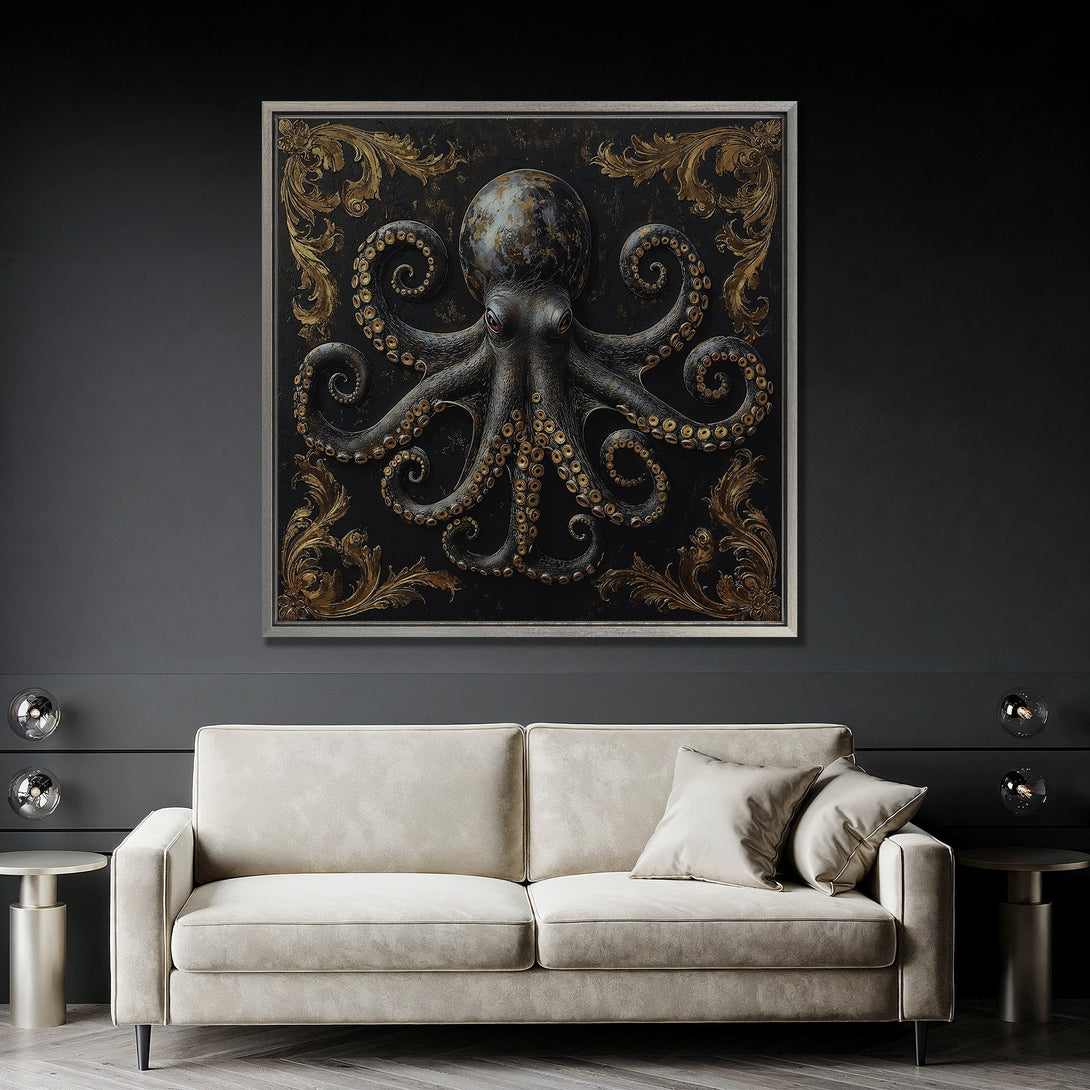Framed Wall Art: Dark octopus artwork with gold accents. Dramatic, gothic style Canvas Print in a modern interior with a dark, moody color palette.