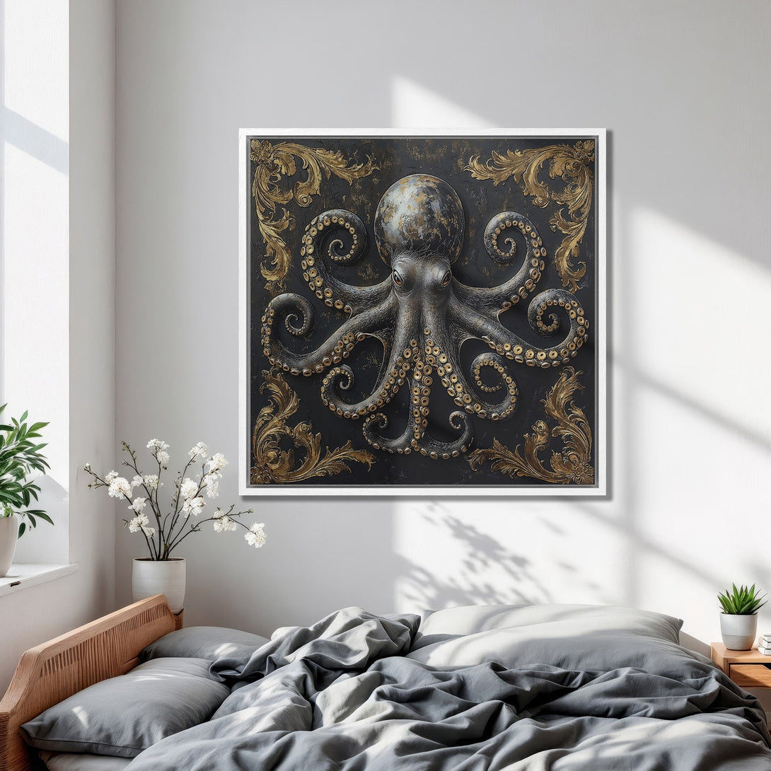 Framed Wall Art: Majestic octopus art in a dark, ornate style with gold accents. Adds a touch of luxury to any space. Black, gold, and grey color palette.