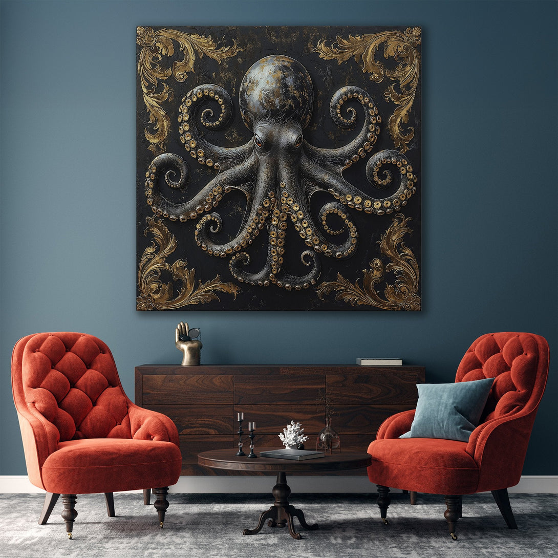 Framed Wall Art featuring a regal octopus in black and gold. Luxurious art print with a dark, elegant color palette for sophisticated home decor.