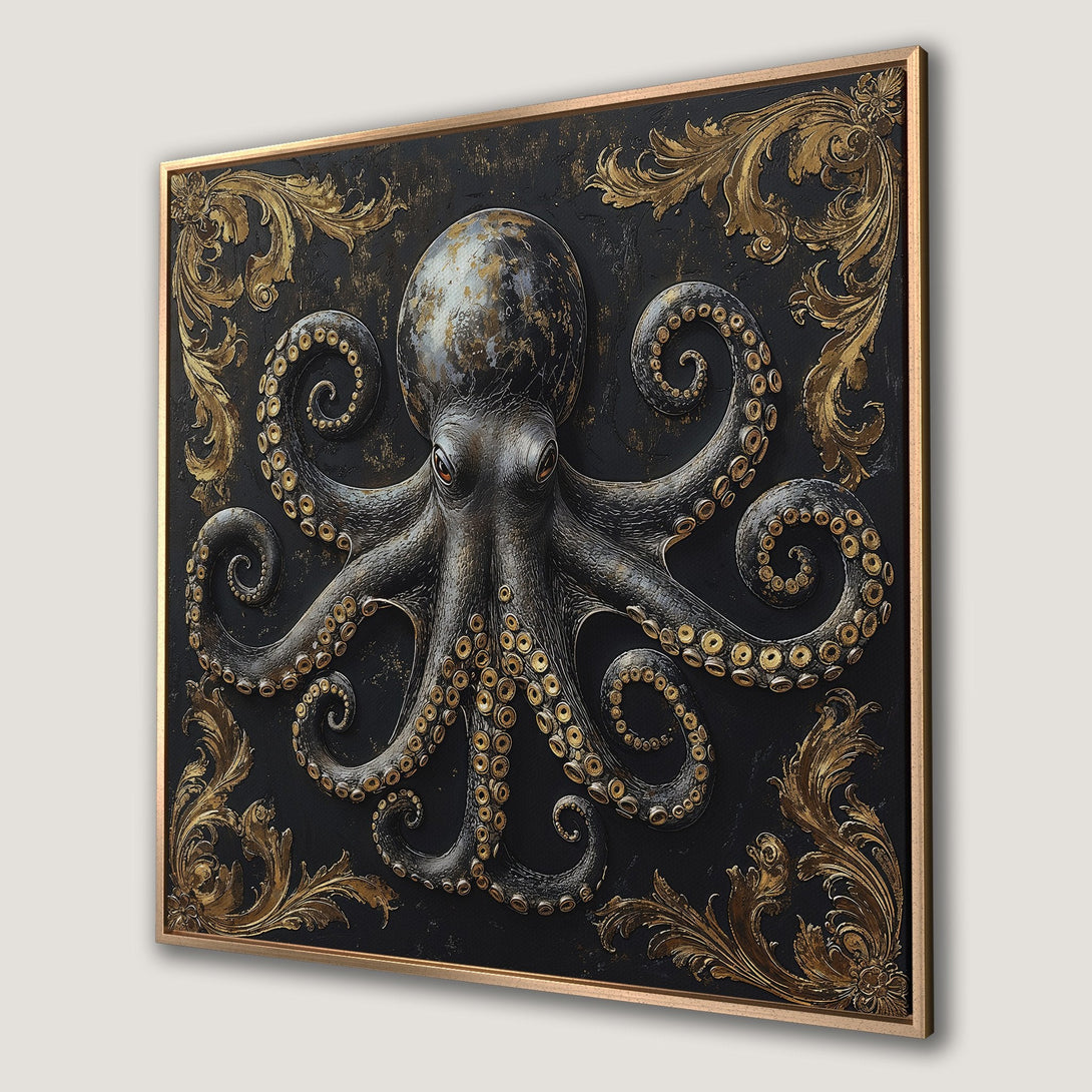 Framed Wall Art: Regal octopus canvas print in black & gold. Luxurious, gothic style wall decor for a statement piece. Elevate your home with this unique art.