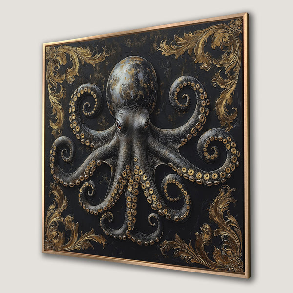 Framed Wall Art: Regal octopus canvas print in black & gold. Luxurious, gothic style wall decor for a statement piece. Elevate your home with this unique art.