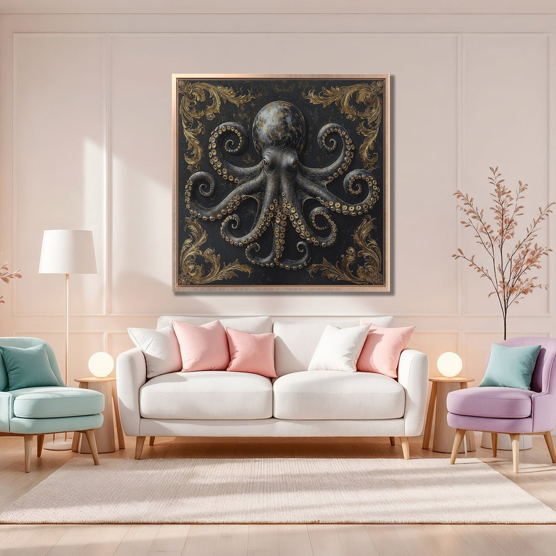 Framed Wall Art featuring an octopus design in a dark, gold, and black color palette. Adds a touch of elegance to any space.