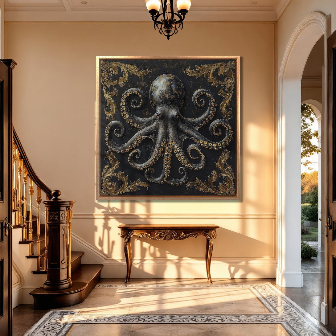 Framed Wall Art: Octopus canvas print in a classic style. Black, gold, and neutral color palette. Elevate your home decor with this statement piece!