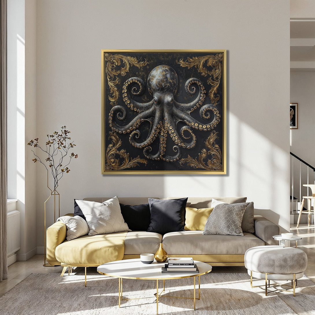 Canvas Print of an octopus in a dark, ornate style with gold accents. Moody color palette in a living room setting.