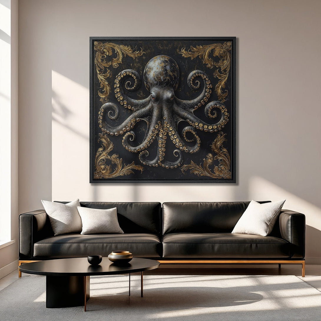 Framed Wall Art: Luxurious octopus canvas print in a black and gold color palette. Perfect statement piece for modern or classic interiors.