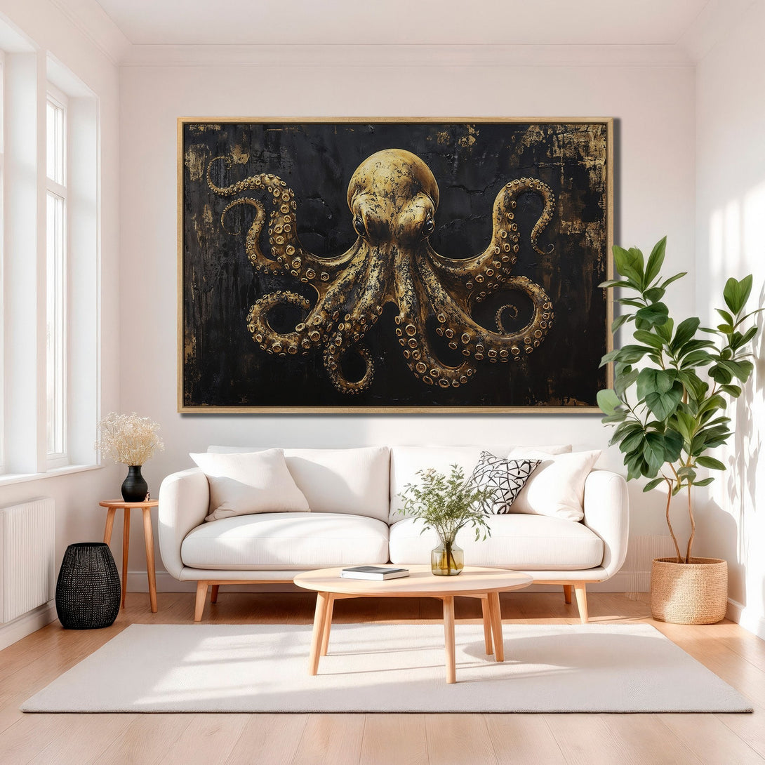 Framed Wall Art: Stunning gold octopus art on black canvas. Modern, abstract style with a luxurious gold and black color palette. Elevate your space!