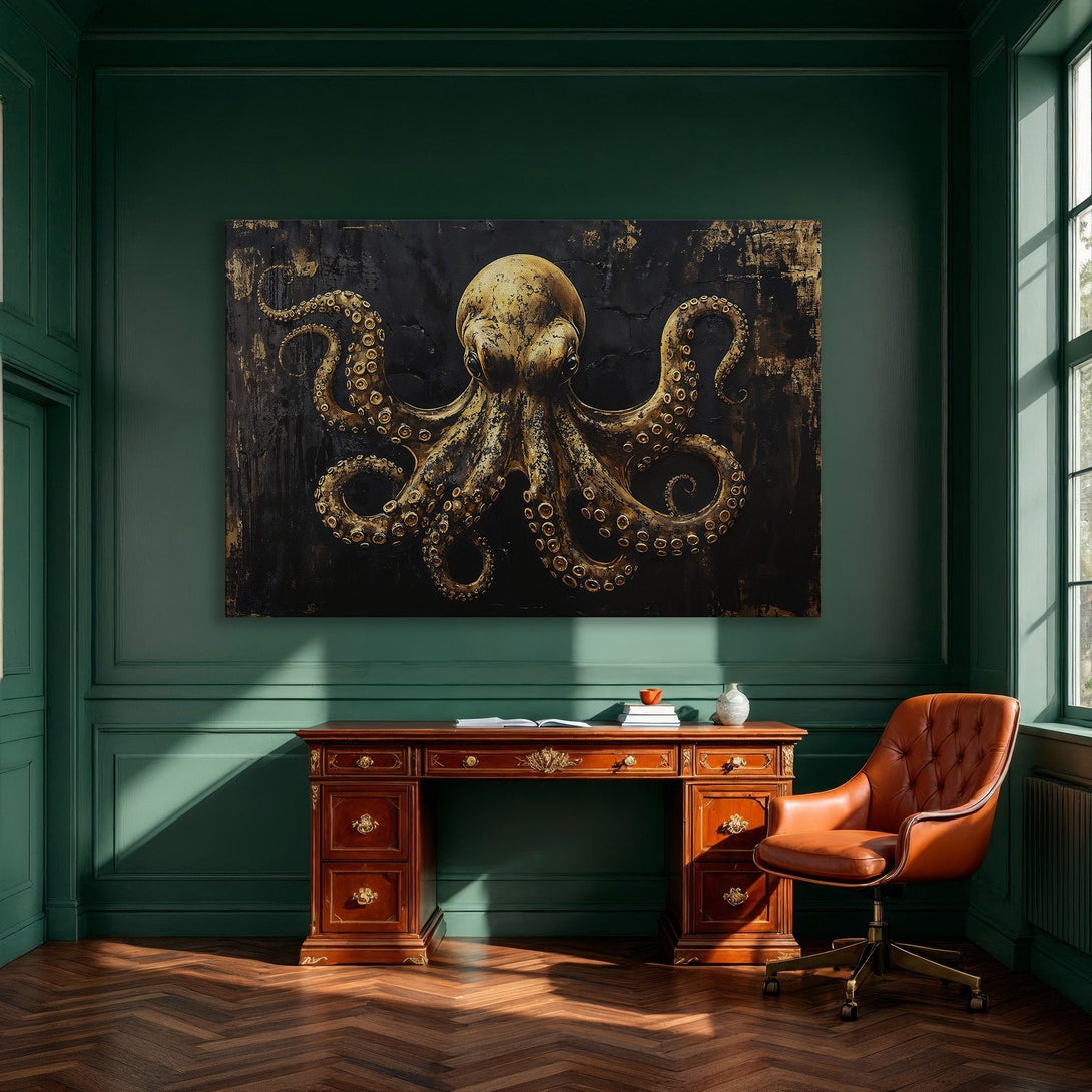 Framed Wall Art: Gold octopus on black canvas. Modern art for dining room. Black and gold color palette. Elevate your home decor!