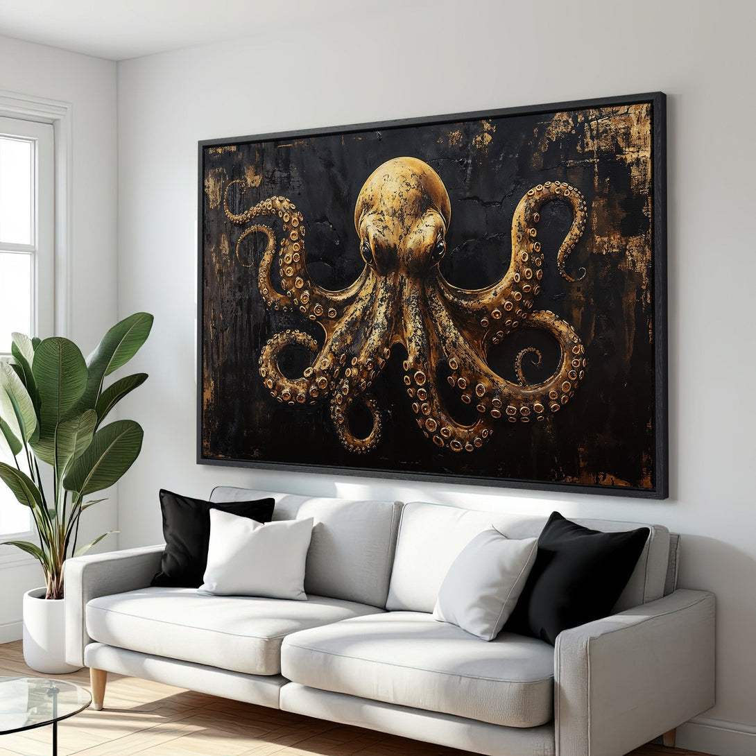 Framed Wall Art: Stunning octopus canvas print in gold and black. Modern art for your living room. Elevate your decor with this statement piece!