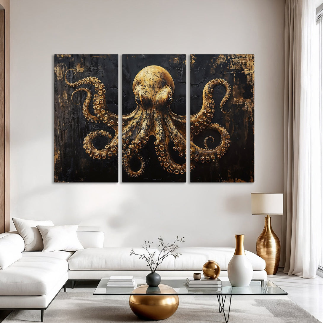Canvas Print of a gold octopus on black background. Modern abstract art in a living room setting. Luxurious wall decor with gold and black tones.