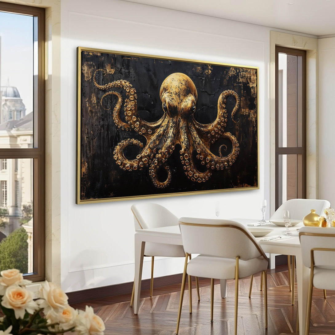 Canvas Print featuring a golden octopus on a black background, adding a touch of luxury to any space. Perfect for modern and classic interiors.