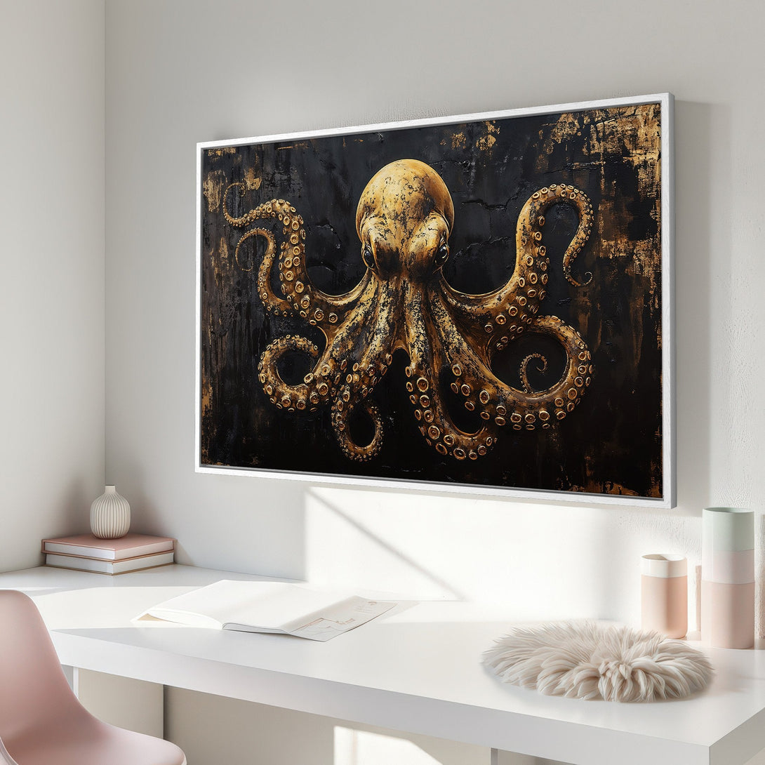 Framed Wall Art: Gold octopus on black canvas. Modern art with a luxurious, dark color palette. Perfect for home decor.